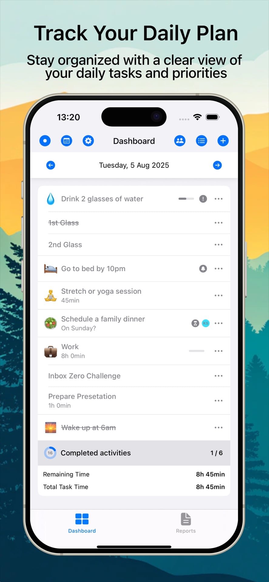 SnapDay dashboard showing daily activities